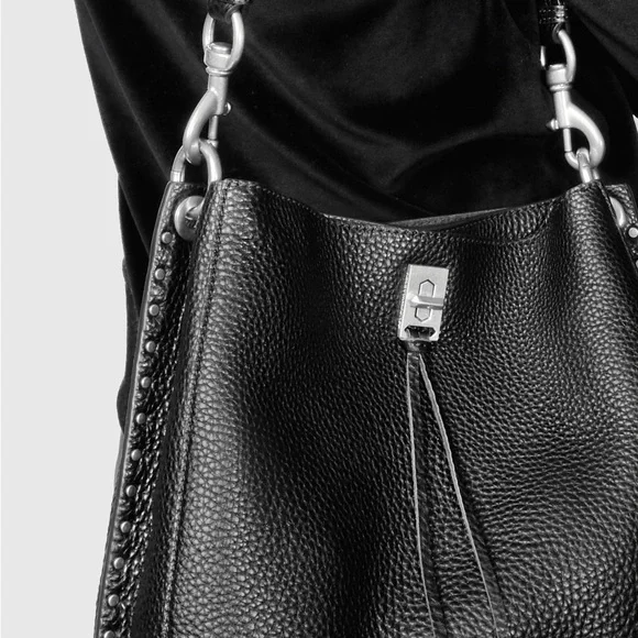 Rebecca Minkoff Black Pebbled Leather Darren Brass Studded Hobo - Picture 15 of 16